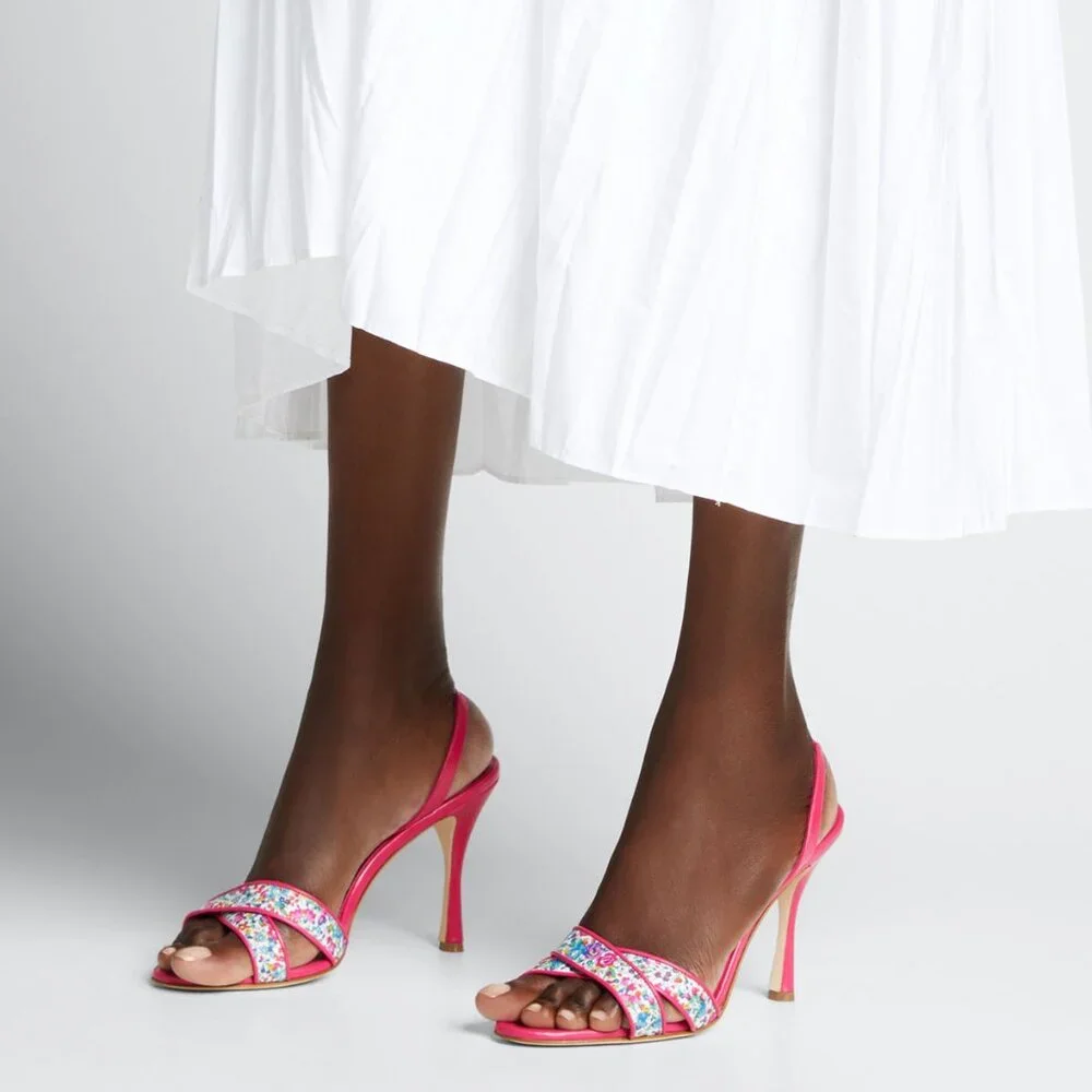 NEW MANOLO BLAHNIK Floral Leather Slingback Sandals - Work to Dinner Summer Heel - Picture 2 of 13